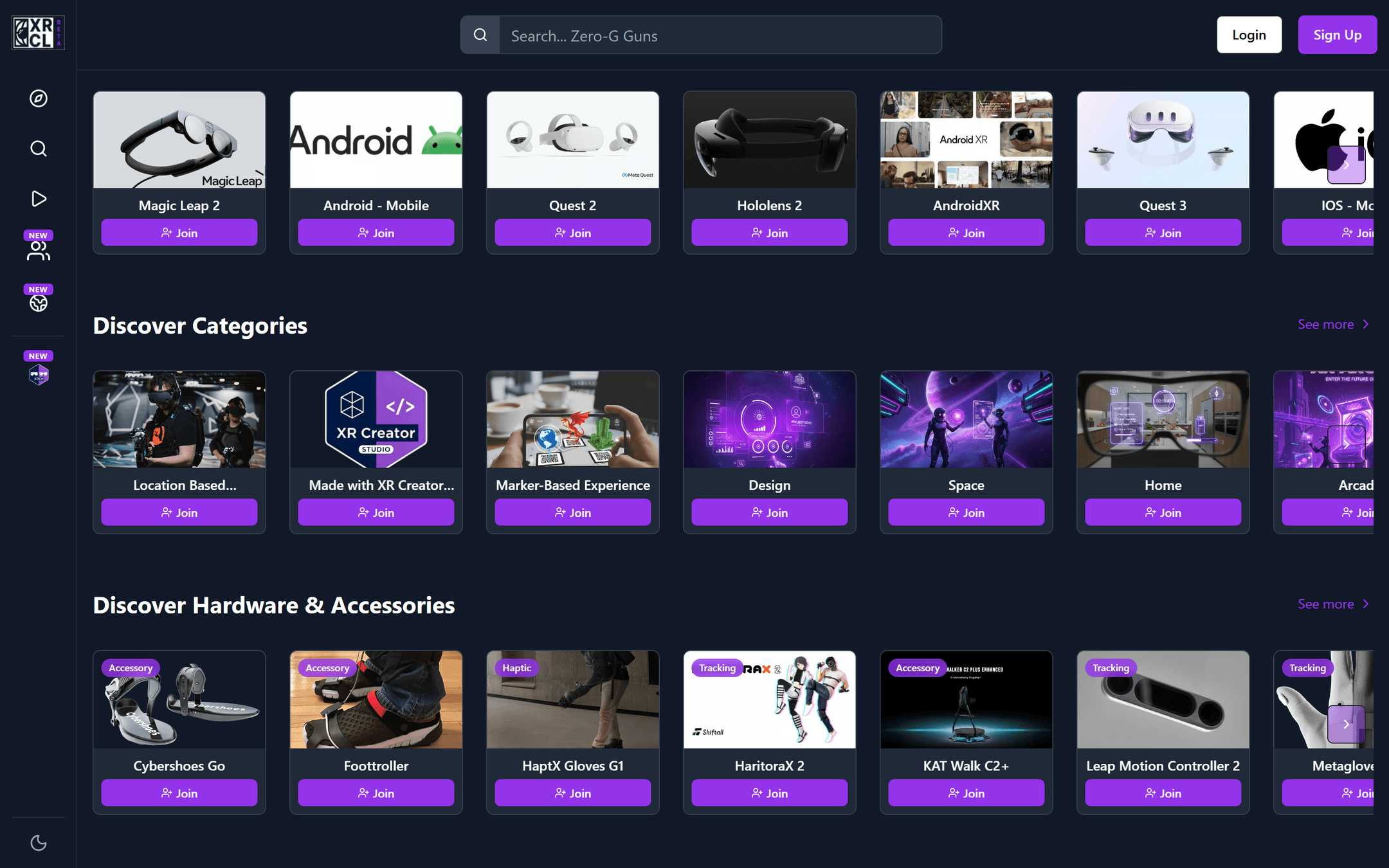 Discover rows on XR Community Library showing XR experiences, platforms, and categories